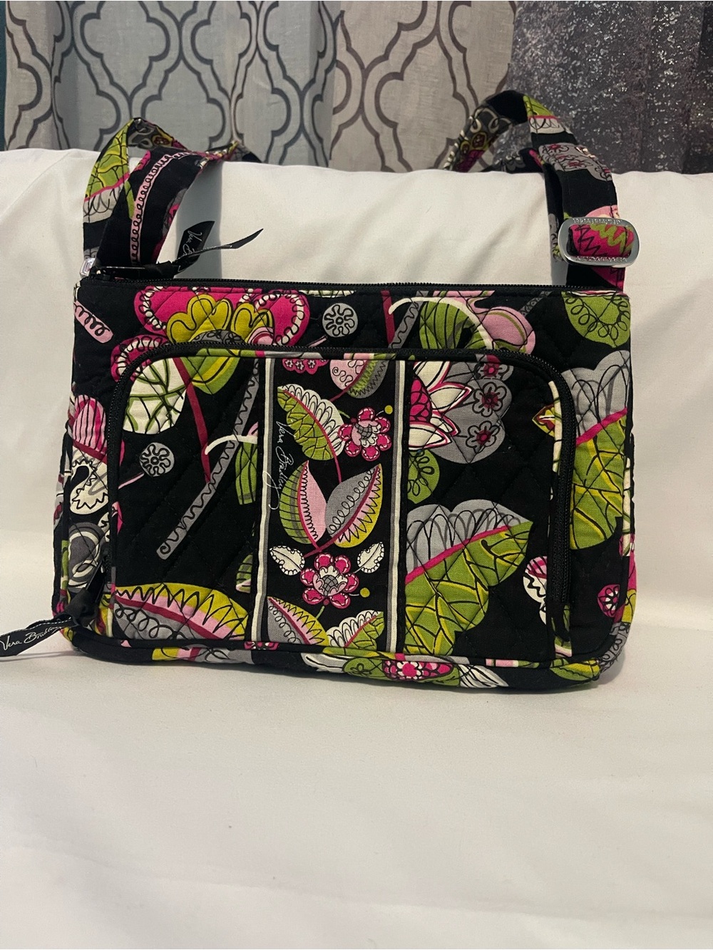Vera Bradley Black Quilted Floral Crossbody - Pink & Green - Picture 3 of 8